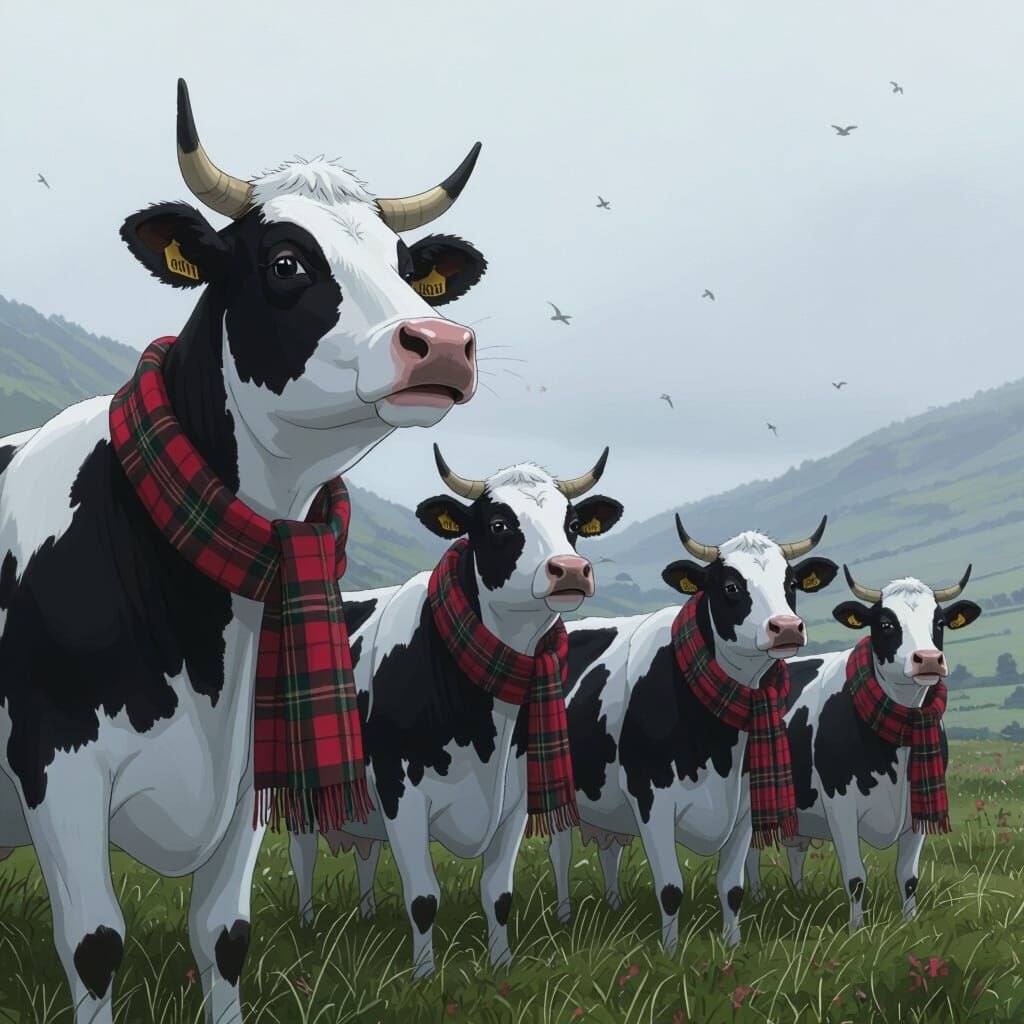 Harmonious Cows in Tartan Scarves: Cinematic Landscape