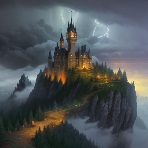 Ethereal Castle in Lightning Storm, Fantasy Art