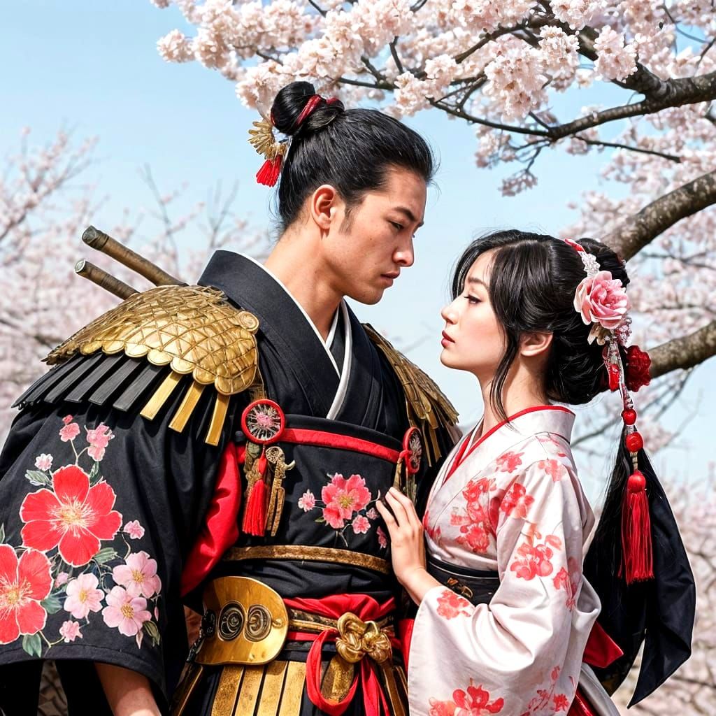 Samurai Protects Geisha in Vibrant Japanese Landscape