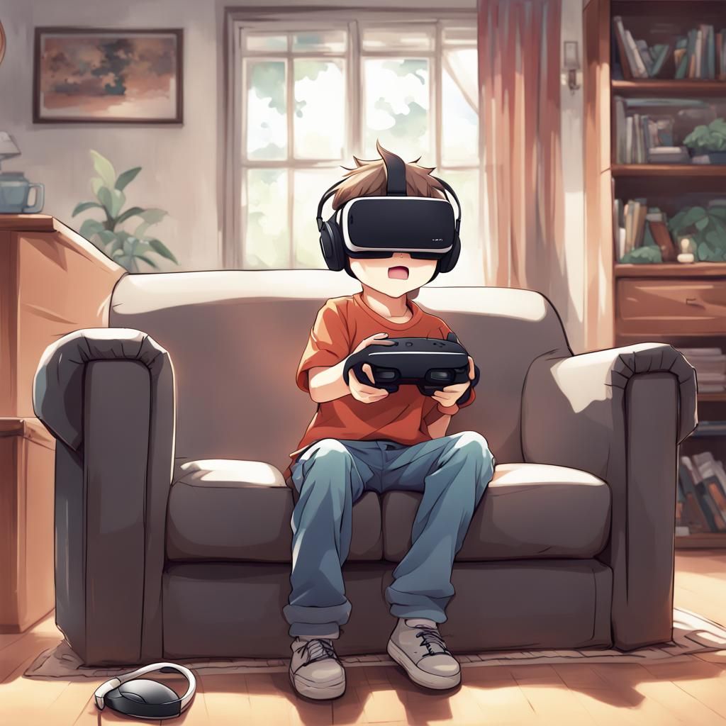 Boy Playing VR Game in Anime Style