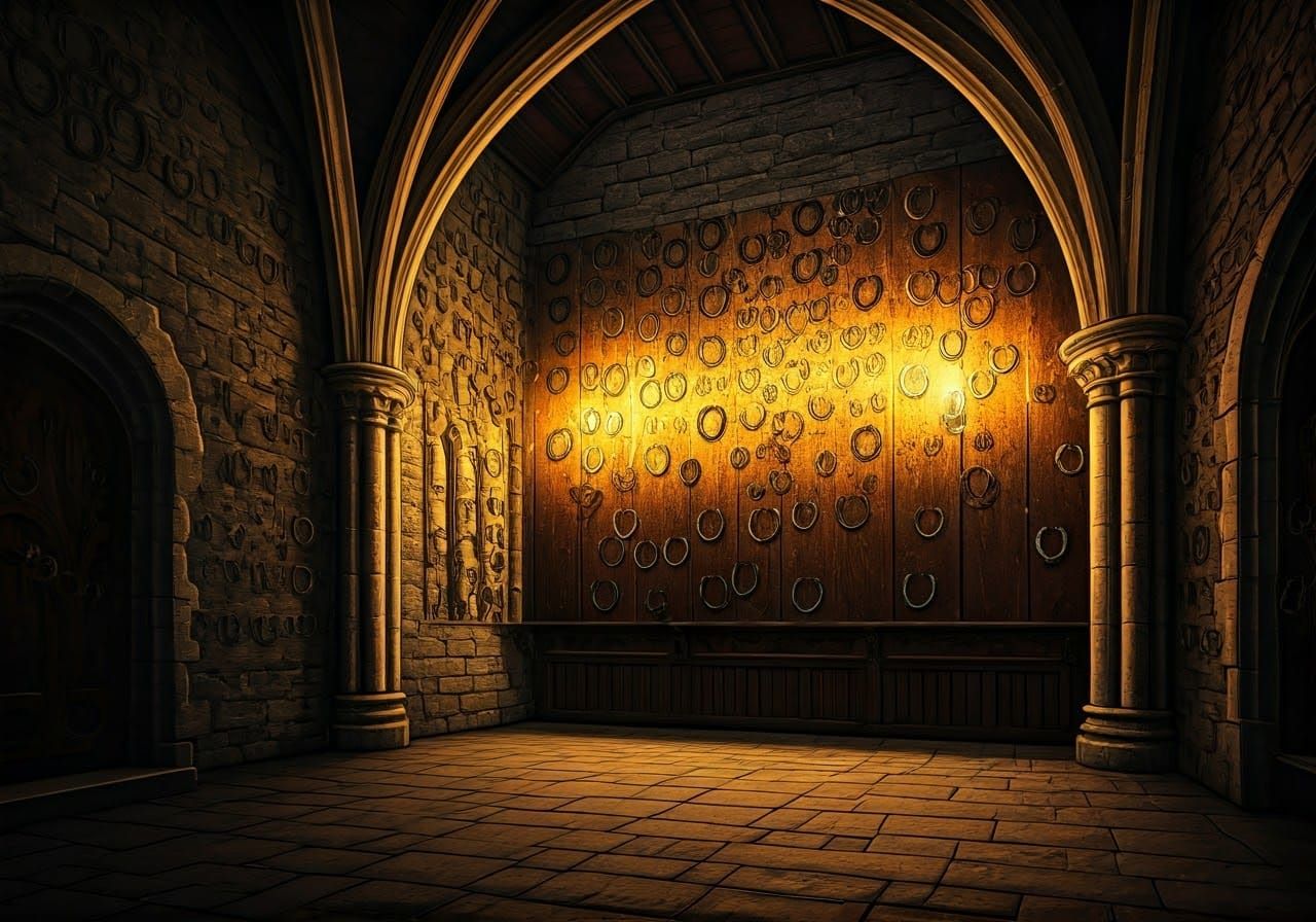 Oakham Castle, Rutland, interior with the wall displaying commemorative horseshoes