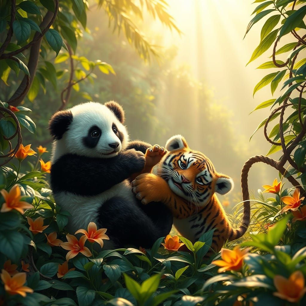 Fantasy Jungle Playdate in Vibrant Matte Painting Style