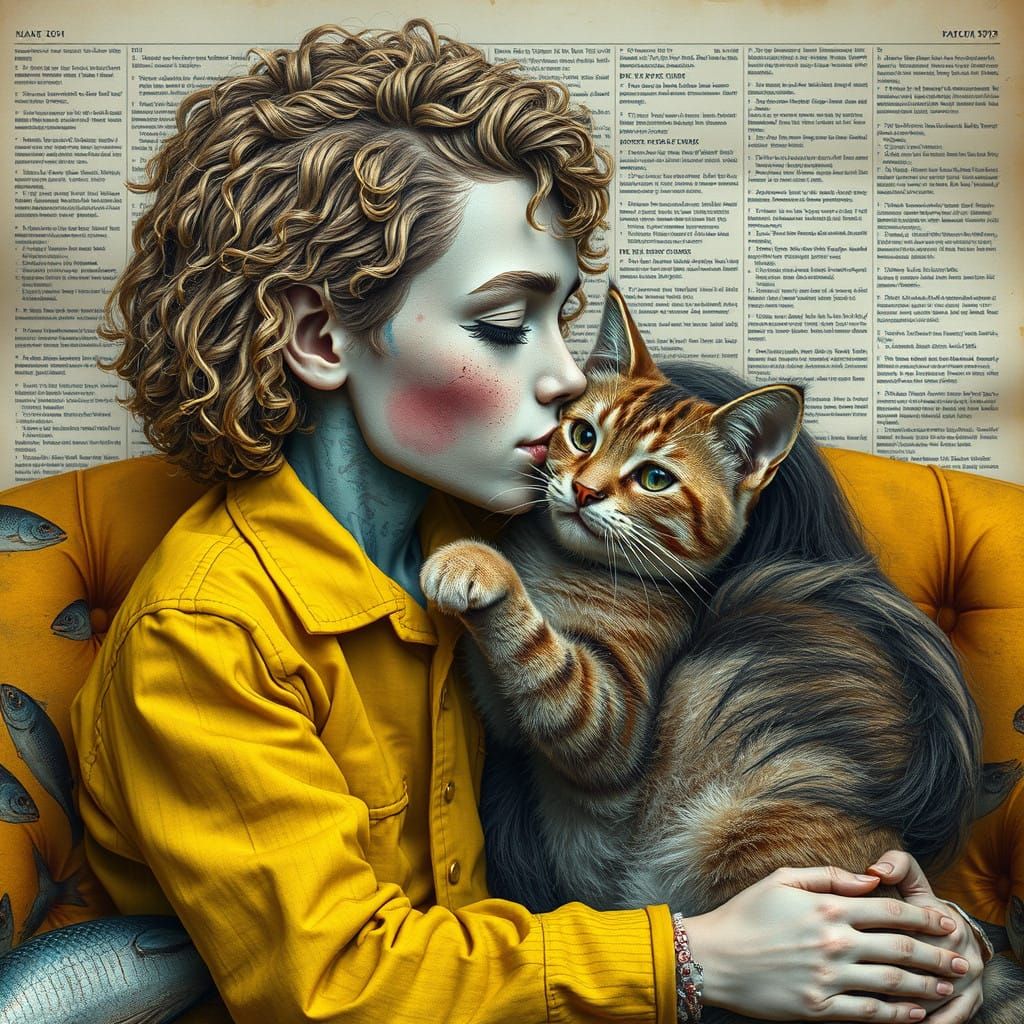 Surreal Scene of Fisherman Kissing Woman in Newspaper Backgr...