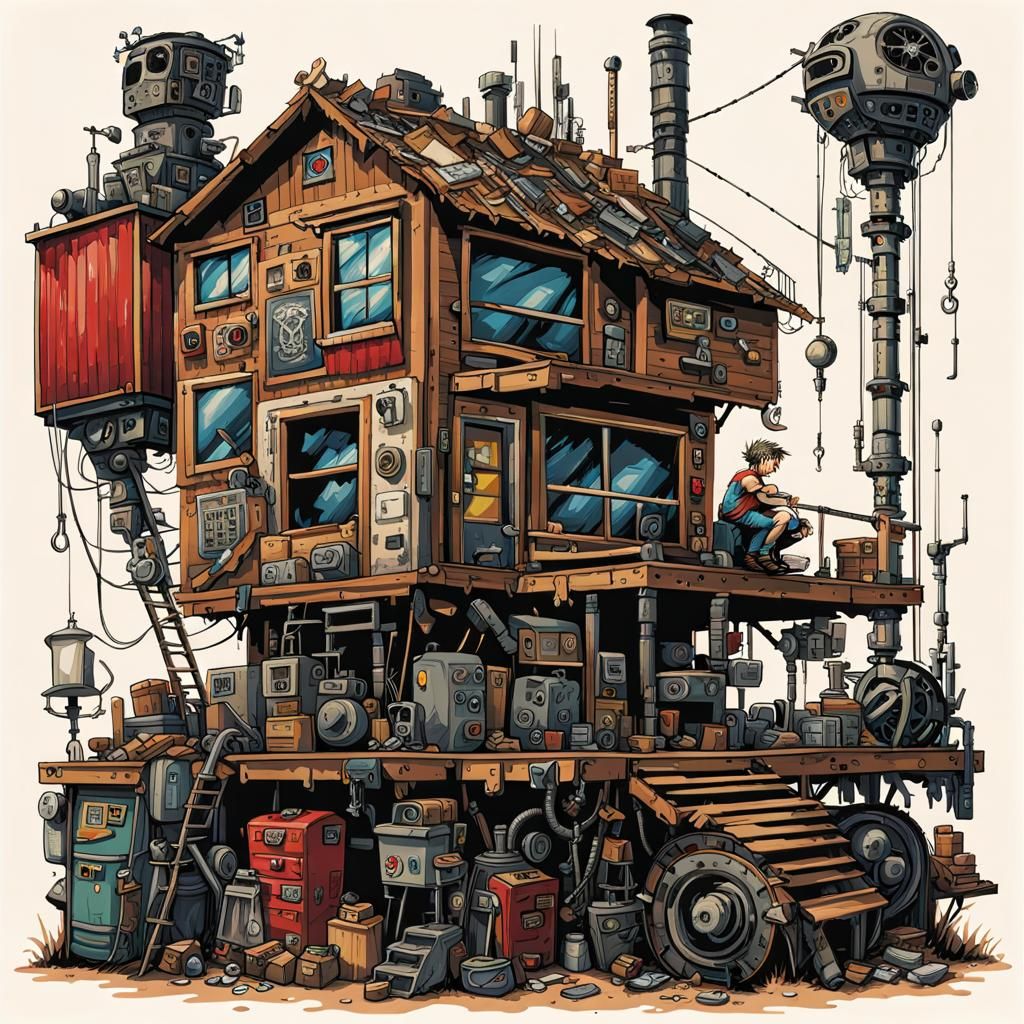 Junkpunk Walking Scrap House in Cross-Stitch Style