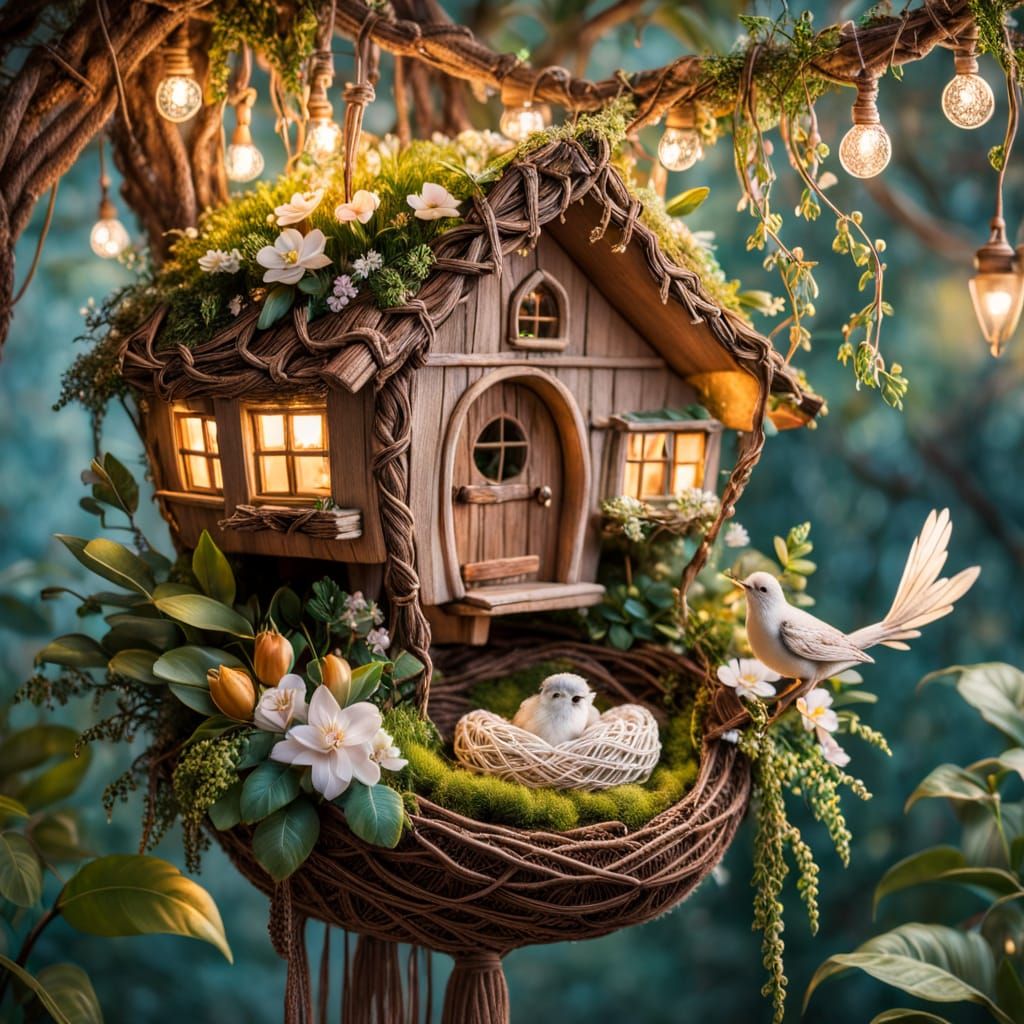 Whimsical Birdhouse in Fairy Forest: Digital Oil Painting