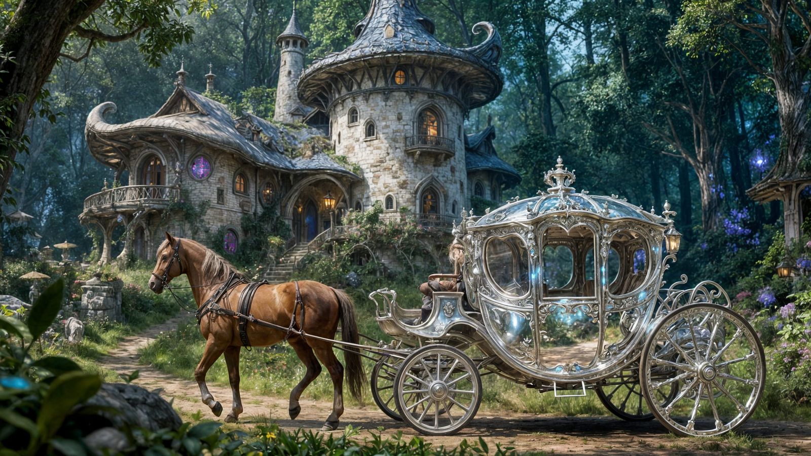 Antique Silver Carriage Amidst Whimsical Elven Cottages