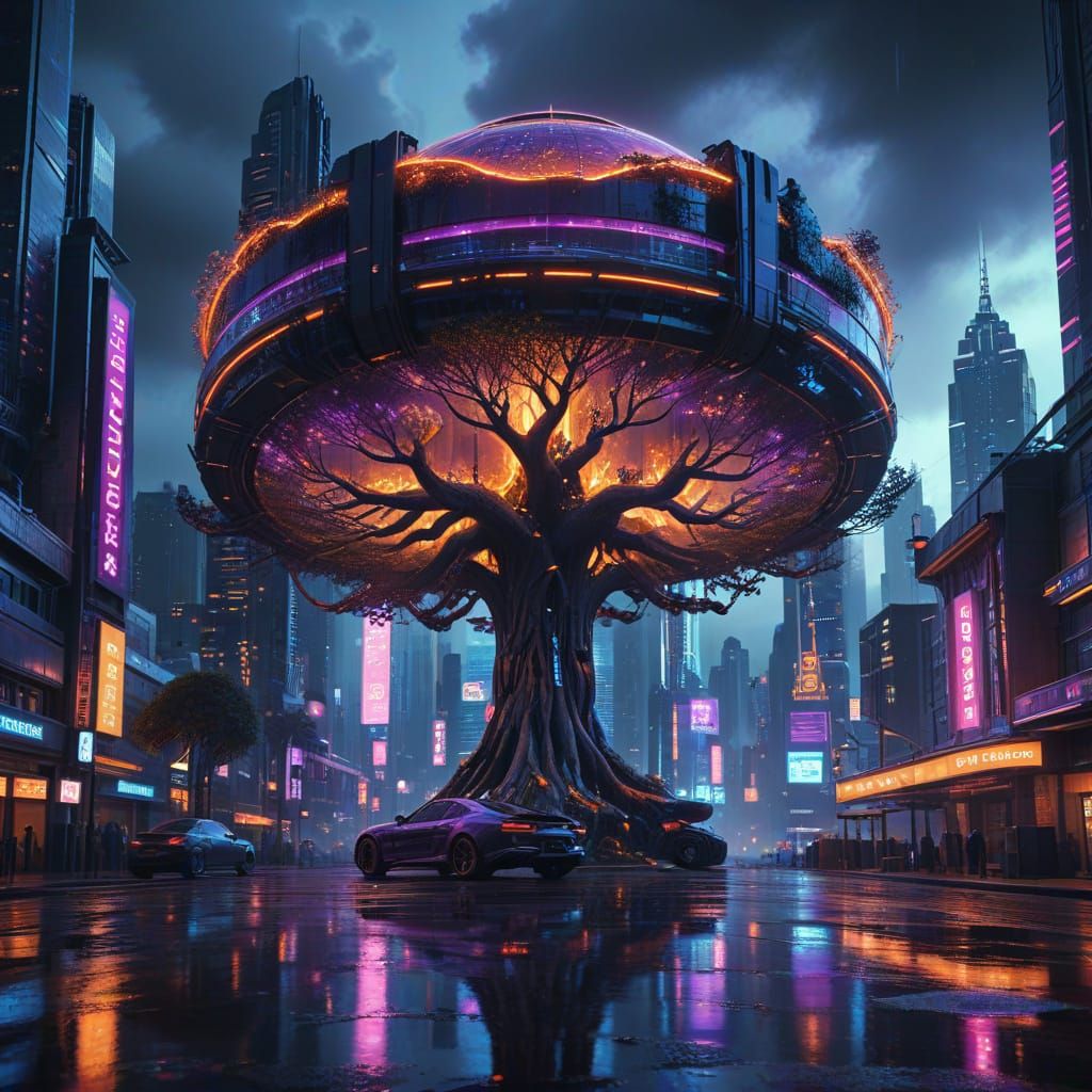 Sacred Tree of Life Shines in Futuristic Cyberpunk Metropoli...