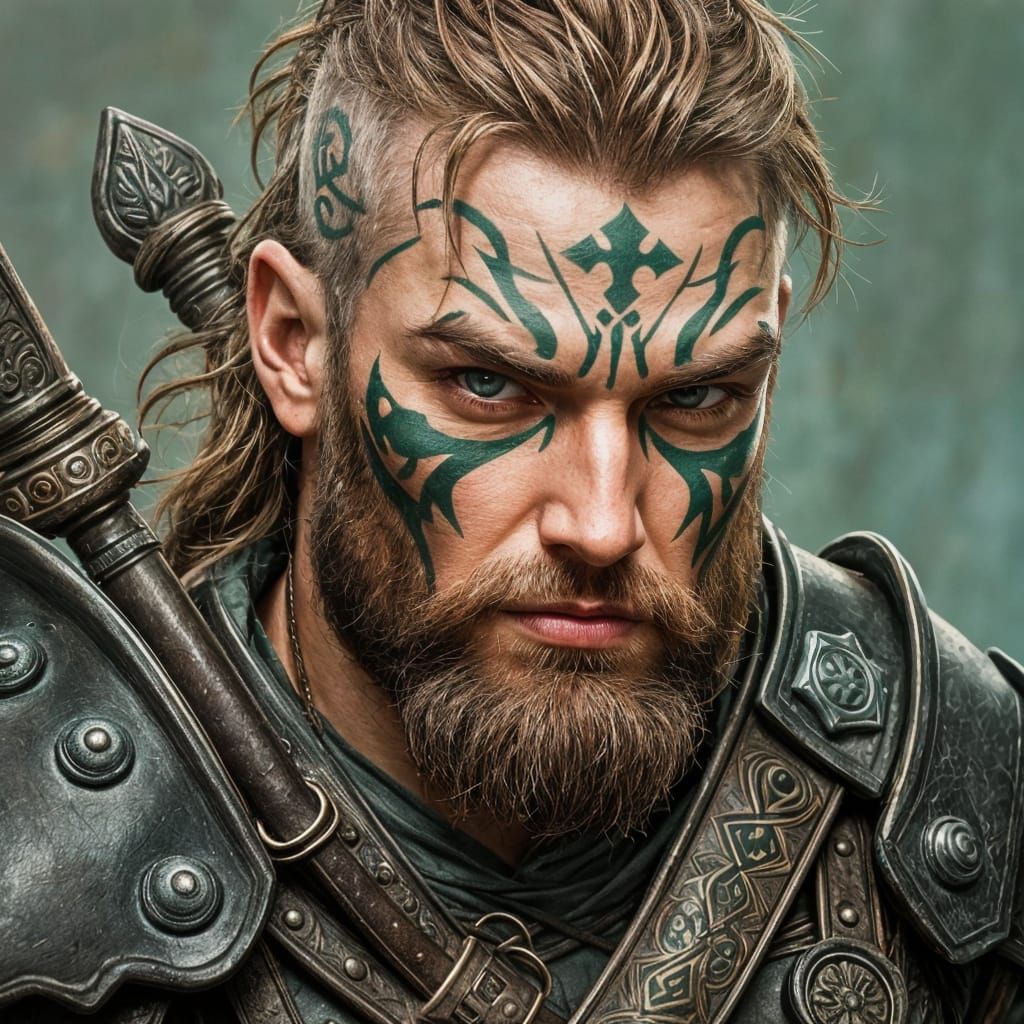 Pictish Warrior Portrait with Green Facial Tattoos
