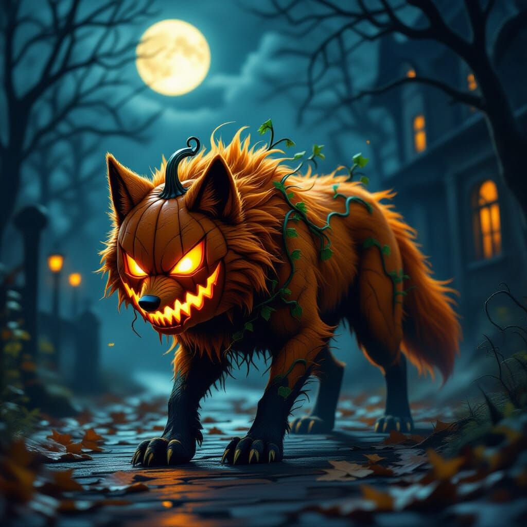 Spectral Pumpkin Wolf on Halloween Streets