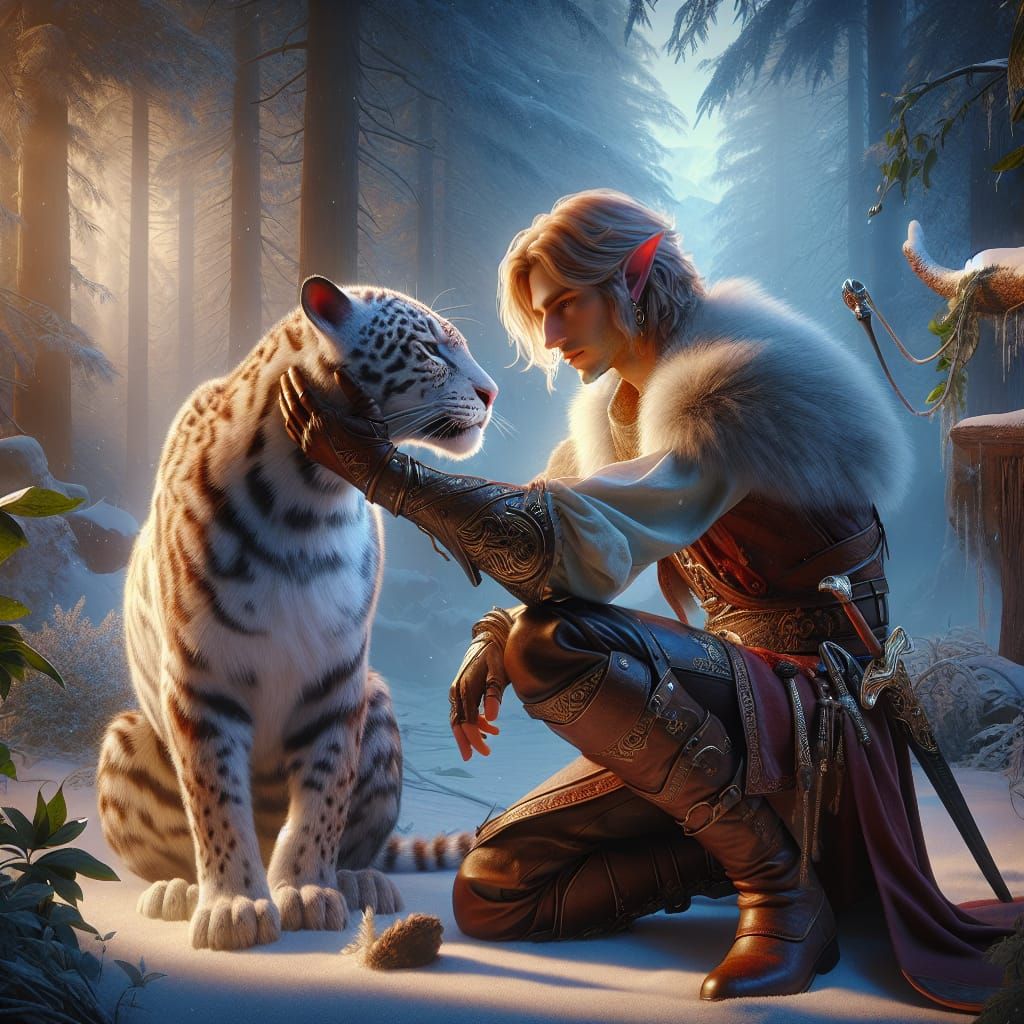 male elf ranger with long blond hair, clad in leather armor, kneels beside a wounded white jaguar in a snow-covered fore...