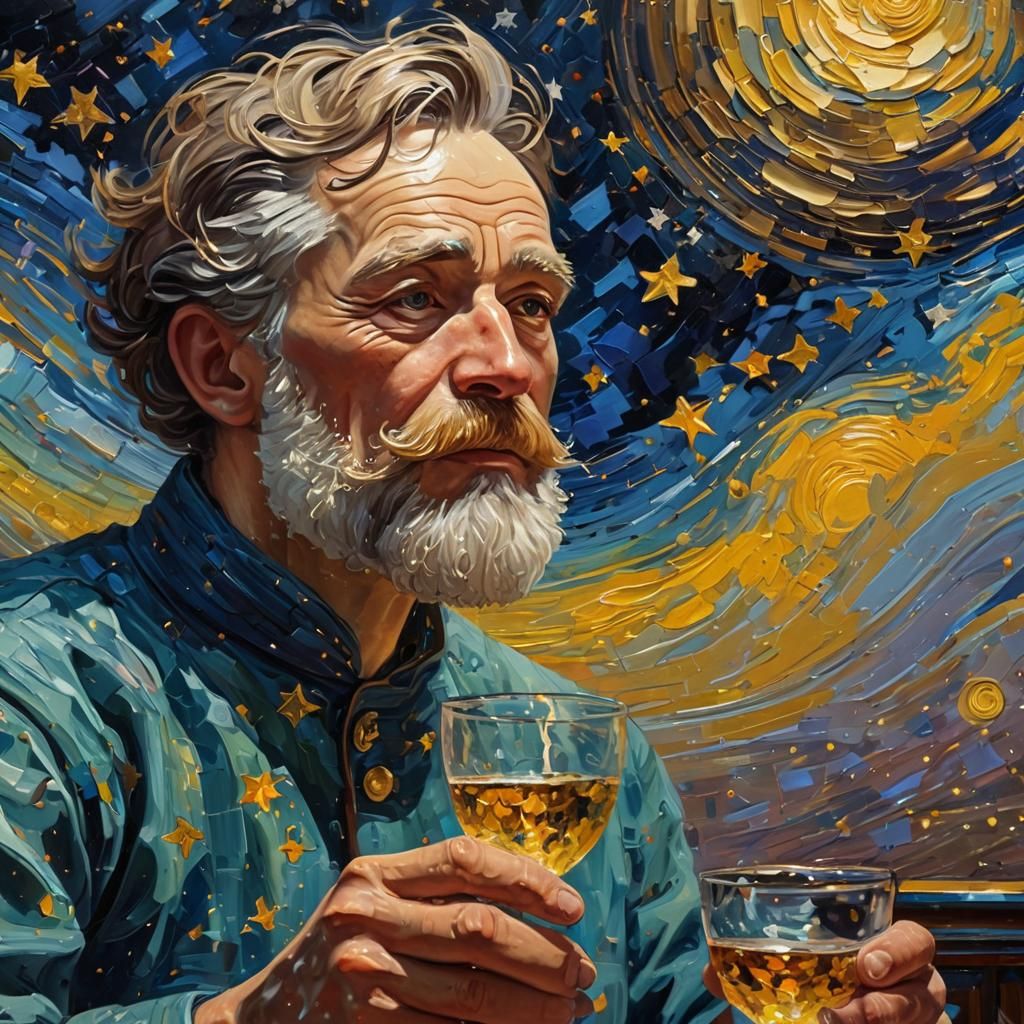 Cosmic Barkeeper Polishing Glass in Expressionist Oil Painti...