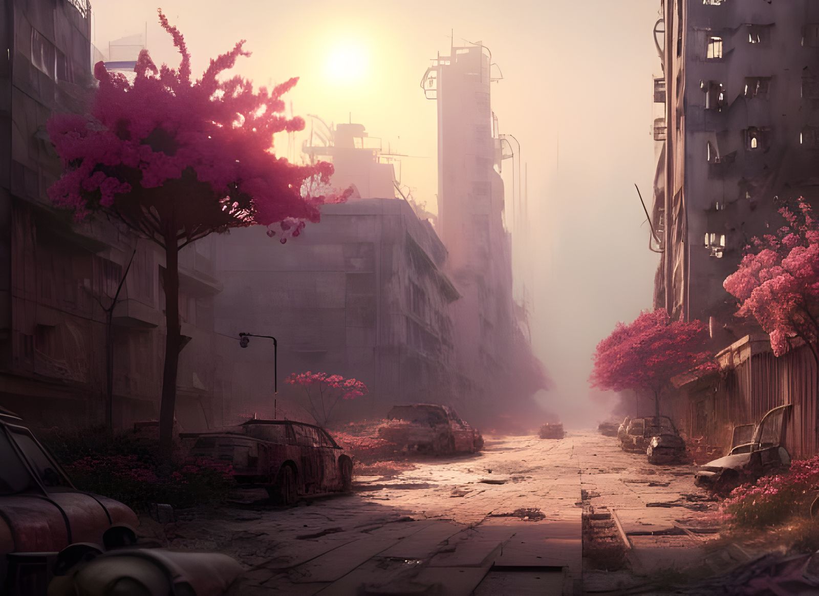 Post-Apocalyptic City Reborn with Pink Flowers