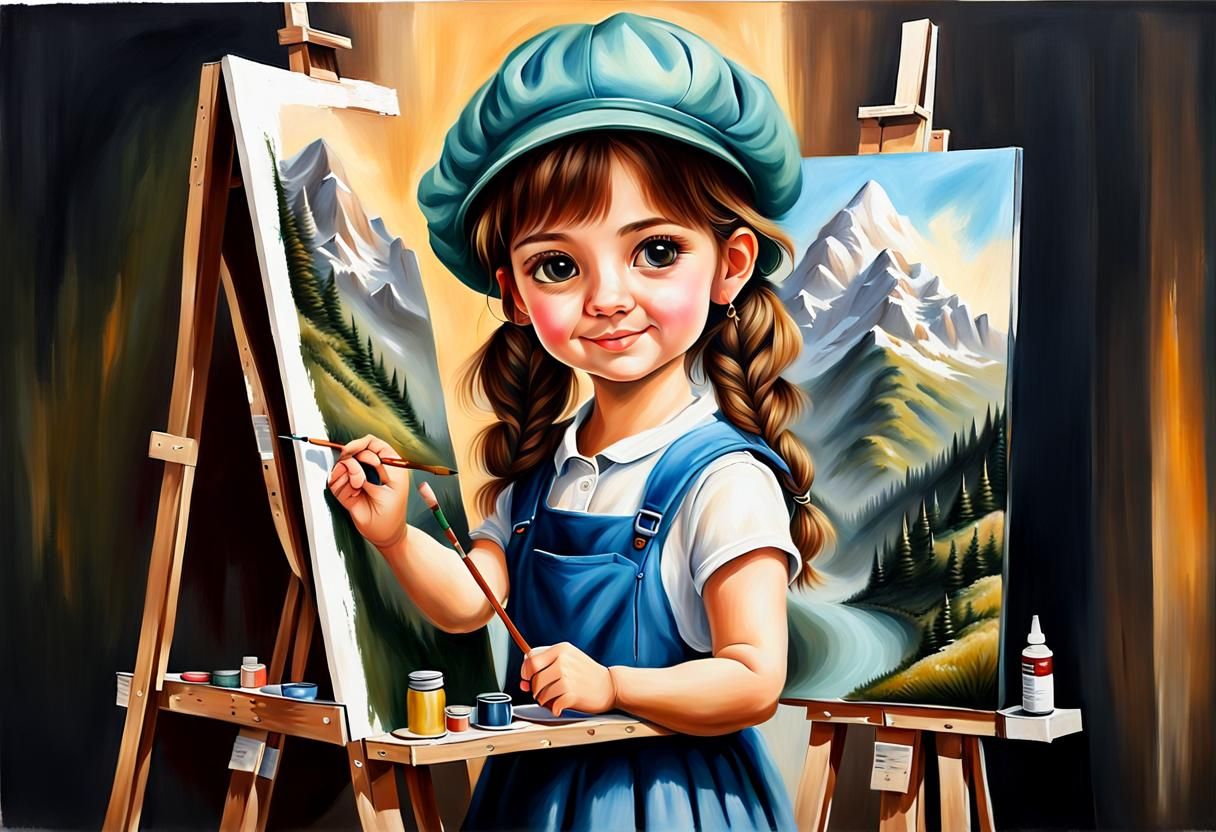 Realistic Cute Girl in Alpino Hat Oil Painting
