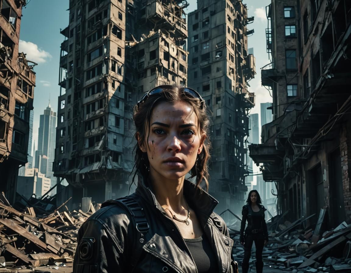 Cyberpunk Woman in Ruined Cityscape Portrait