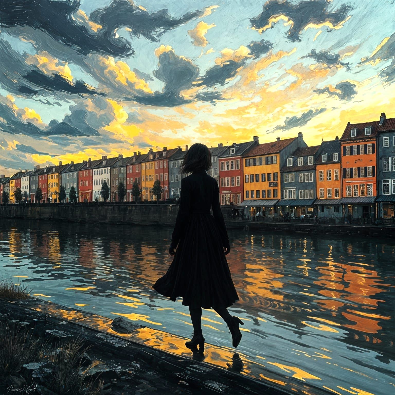 Silhouetted Woman Walking by River in Impasto Style