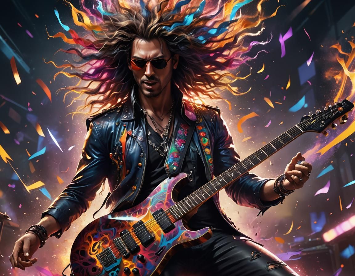 Epic Metal Musician in Vibrant, Swirling Motion