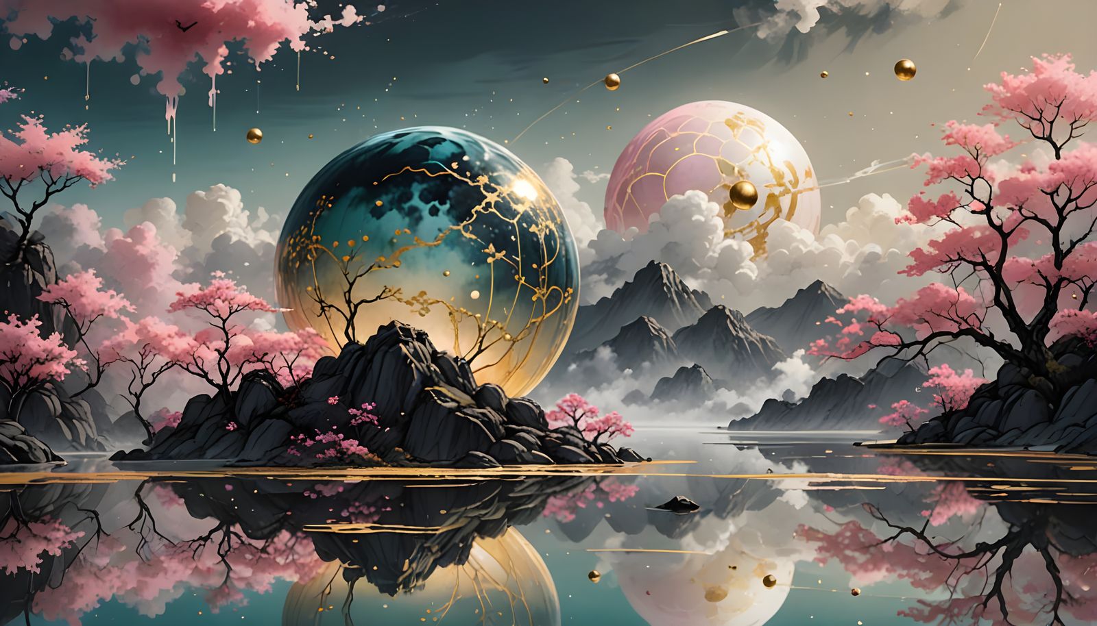 Golden Spheres Reflected in Pink Watercolor Landscape