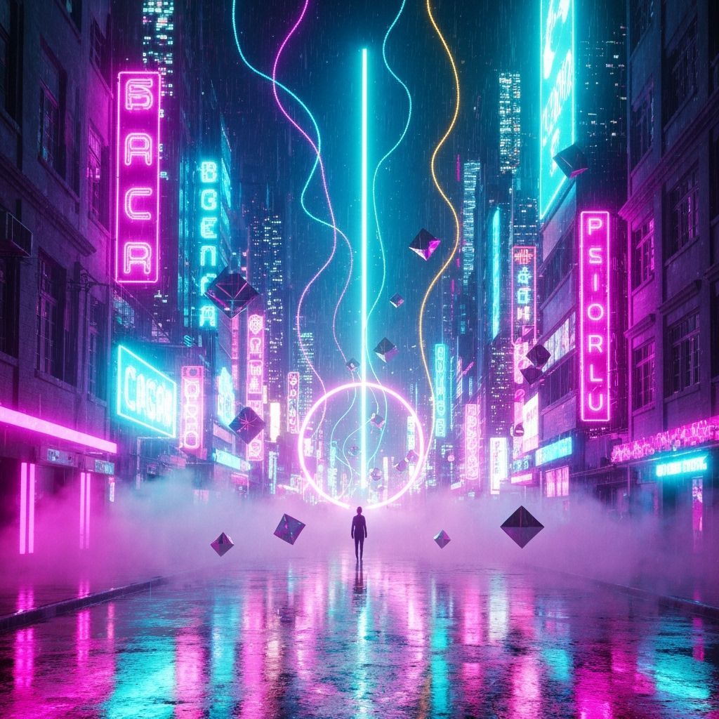 Surreal Neon Cityscape with Cosmic Reflections