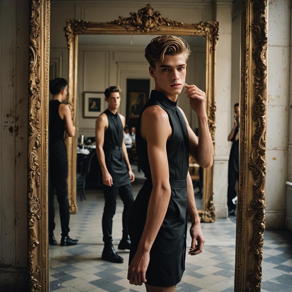 Boy in Black Dress: Fashion Portrait in Pastel Palette