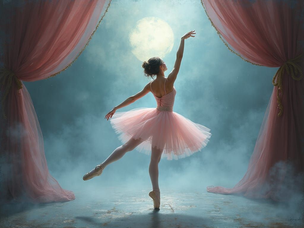 Ethereal Ballerina Standing En Pointe on Moonlit Stage
