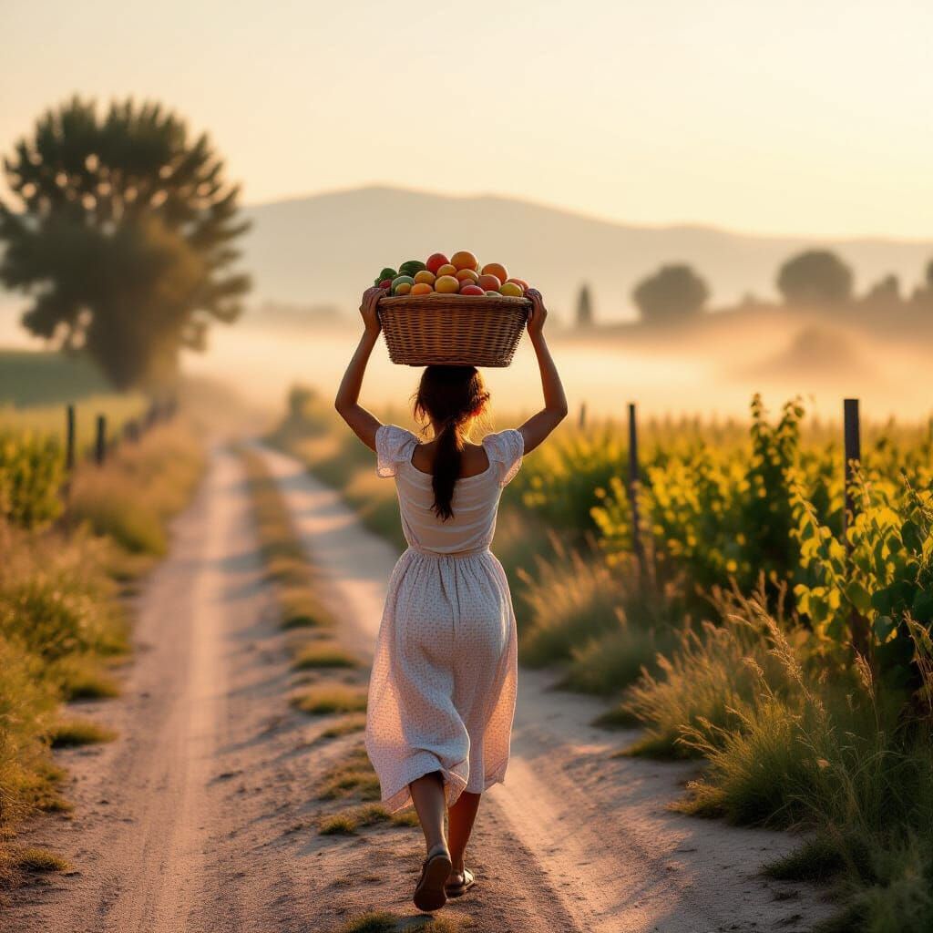 Italian Girl Carrying Fruit at Dawn in Warm Light