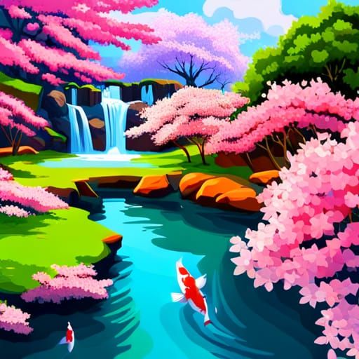 Serene Japanese Garden with Cherry Blossoms