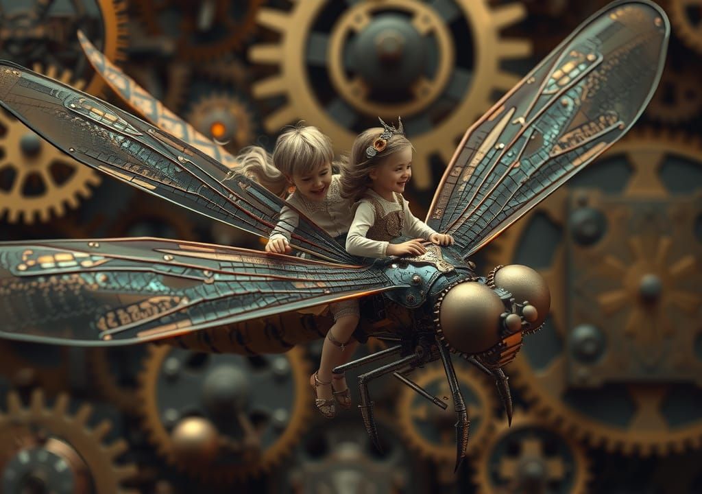 Steampunk Children Ride Giant Dragonfly