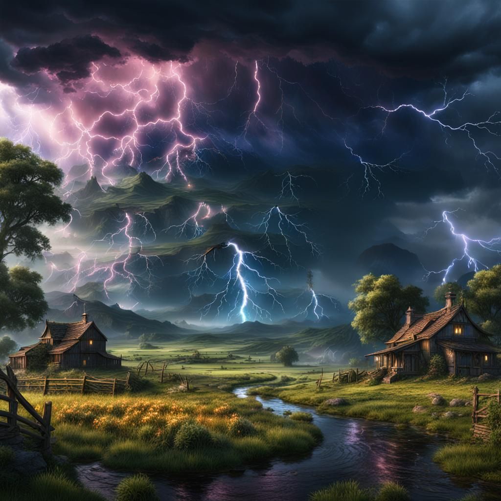 Dramatic Lightning Storms: Detailed Fantasy Landscape