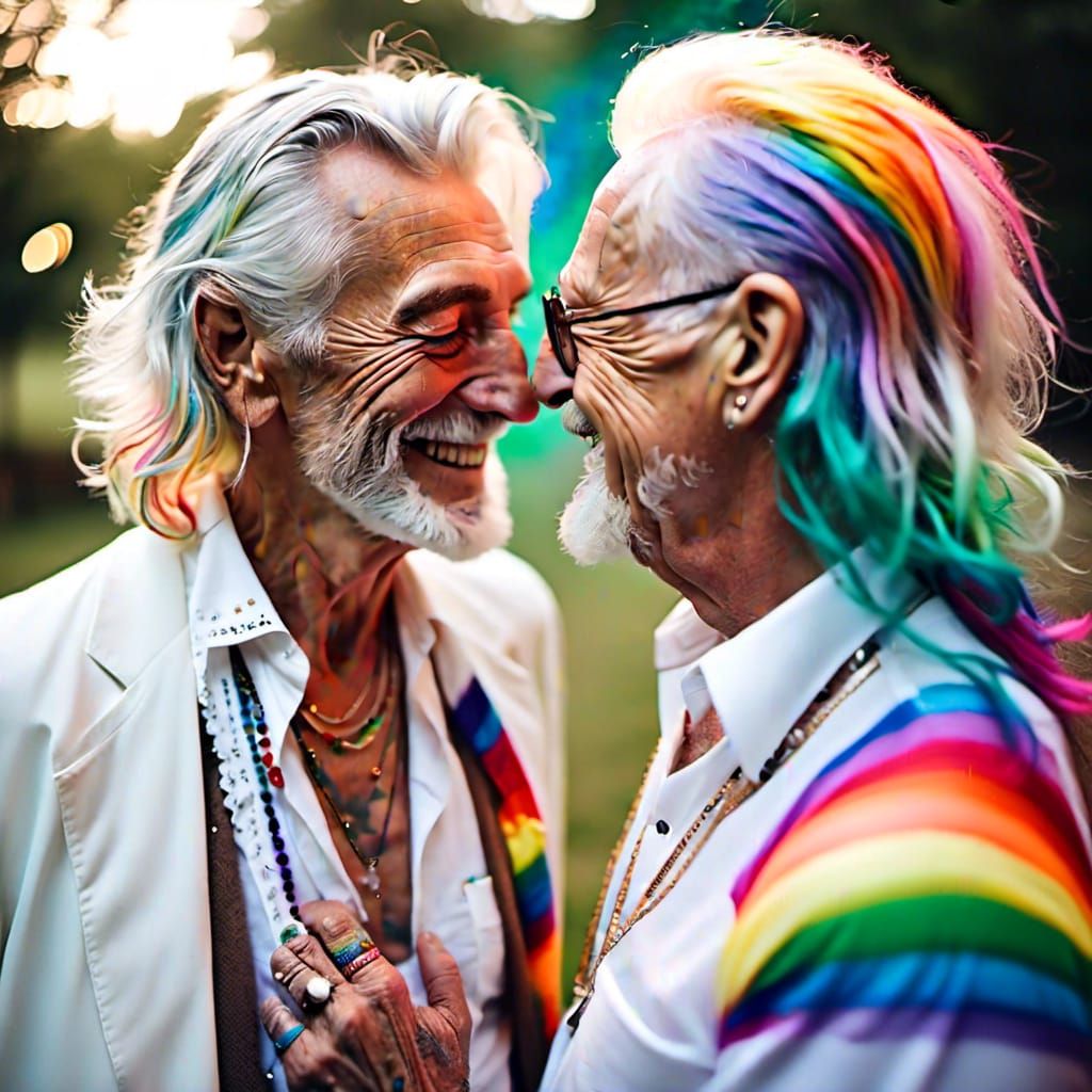 Loving Elderly Gay Couple with Rainbow Hair