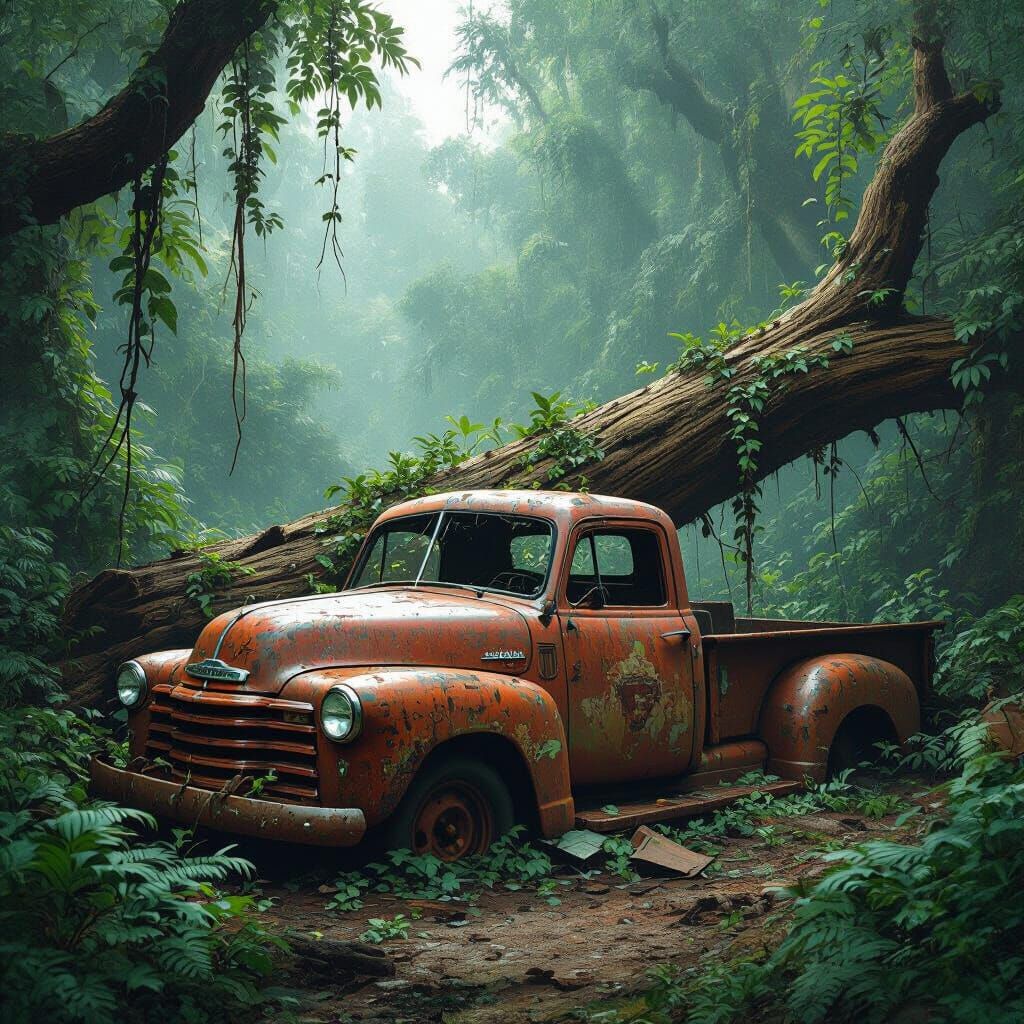 Wrecked Truck in Jungle, Industrial Decay Art