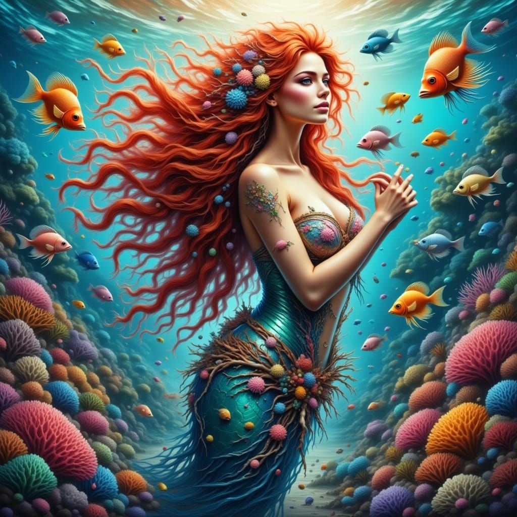 Beautiful Mermaid in Coral Reef Digital Painting
