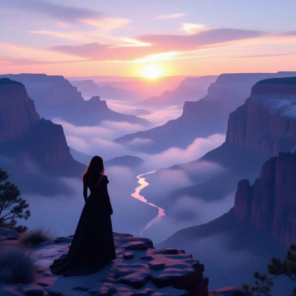 Woman Overlooking Misty Canyon at Dawn HDR