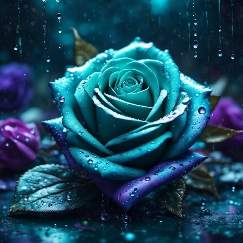 Teal and Purple Roses with Glass Raindrops: Hyperrealistic P...