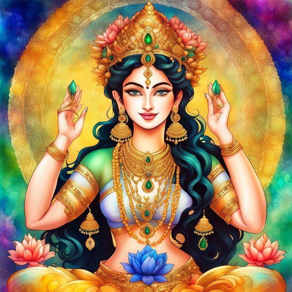 Goddess Lakshmi in Alcohol Ink and Calligraphy