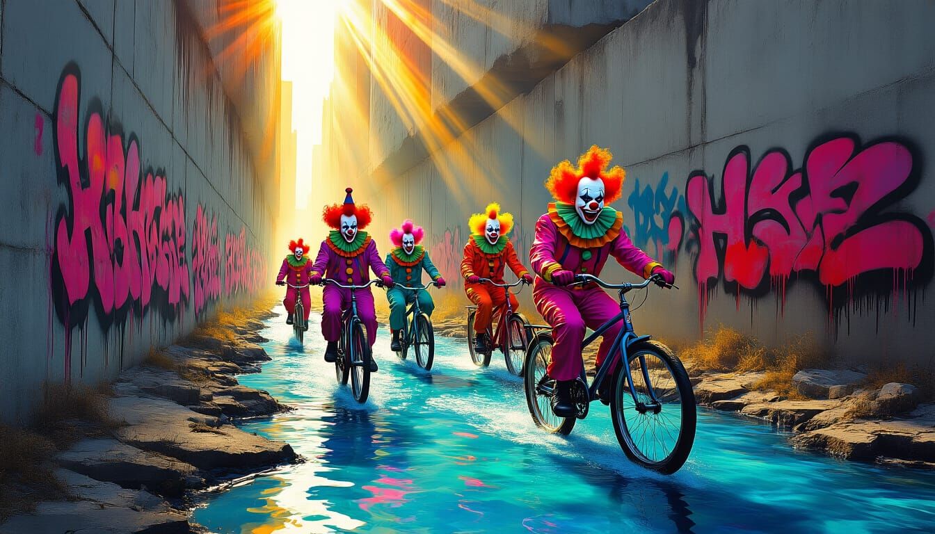 Psychedelic Clowns on Bikes in Surreal Urban Chaos