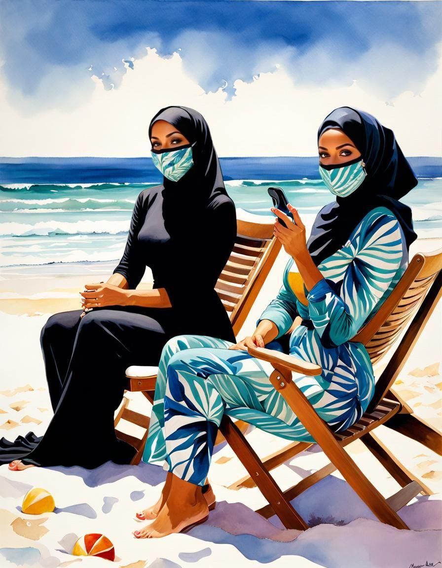 Curvy Hijab Women Relaxing on Beach in Watercolor