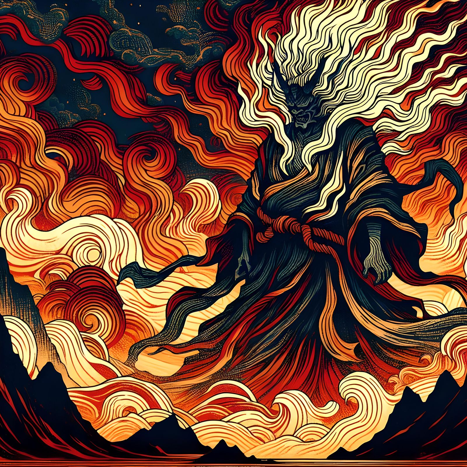 Ukiyo-e Fire Giant in Burning Landscape