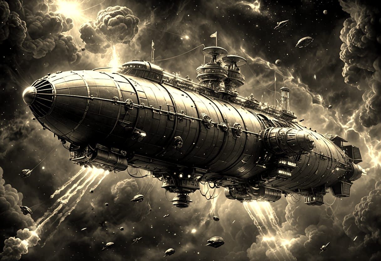 Dreadnought Airship Soaring Through Deep Space