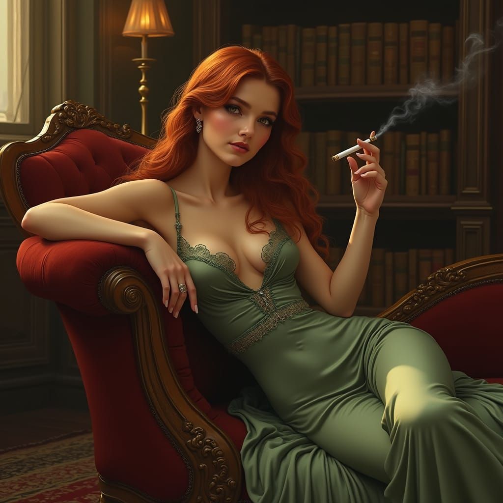 Enchanting Library Siren in Vintage Pin-Up Style