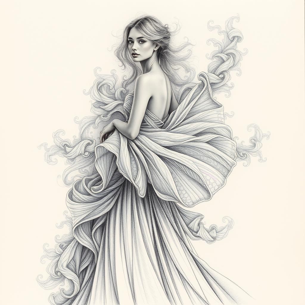 Couturier's Hands Sketching Elegant Gown