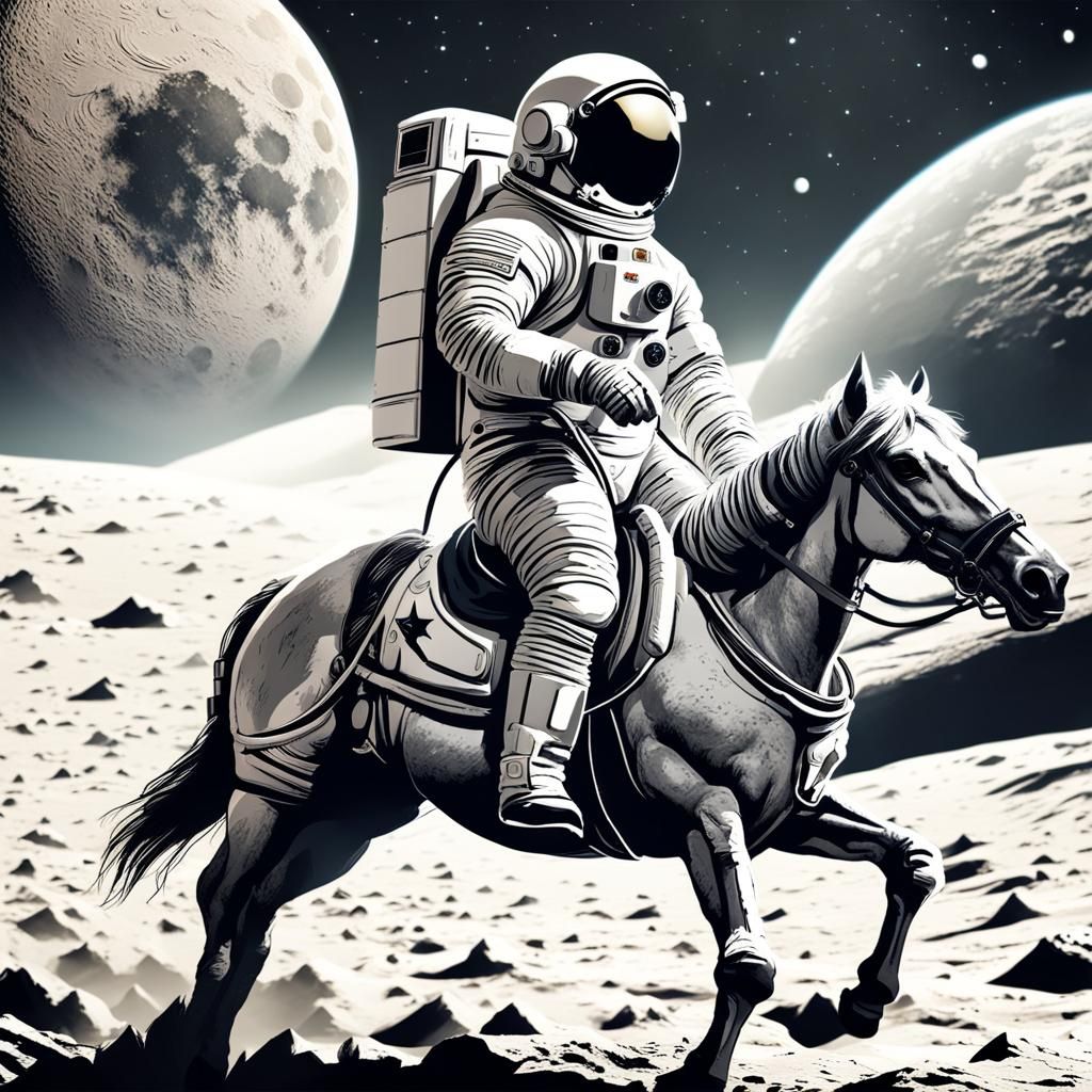Astronaut Rides Horse on the Moon
