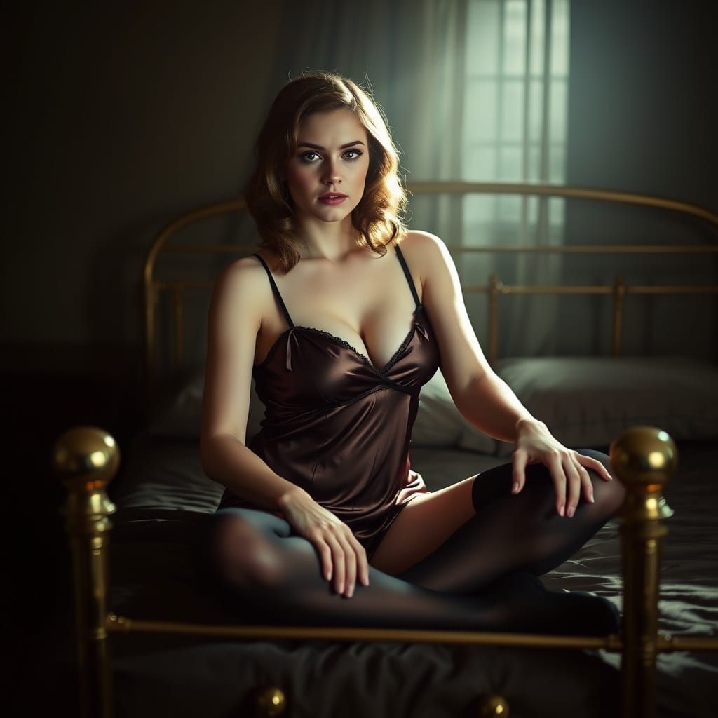 Vintage Pin-up Girl in Satin Teddy, Brass Bed, Soft Focus