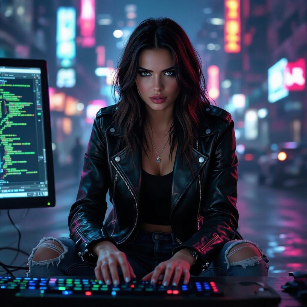 Cyberpunk Hacker with Neon Lights in Gritty City