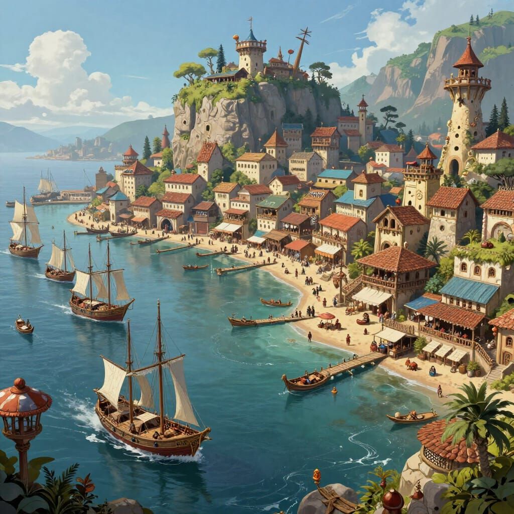 Bustling Gypsy Coastal Fantasy City with Ships in Harbor