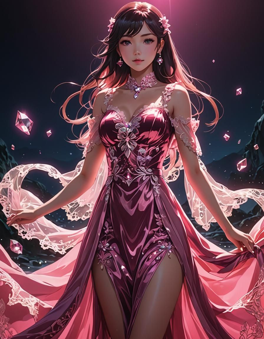 Anime Figure in Flowing Pink Velvet Dress