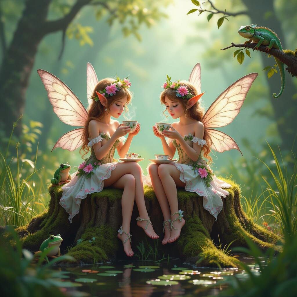 Fairies Enjoy Tea in Enchanted Forest with Hidden Creatures