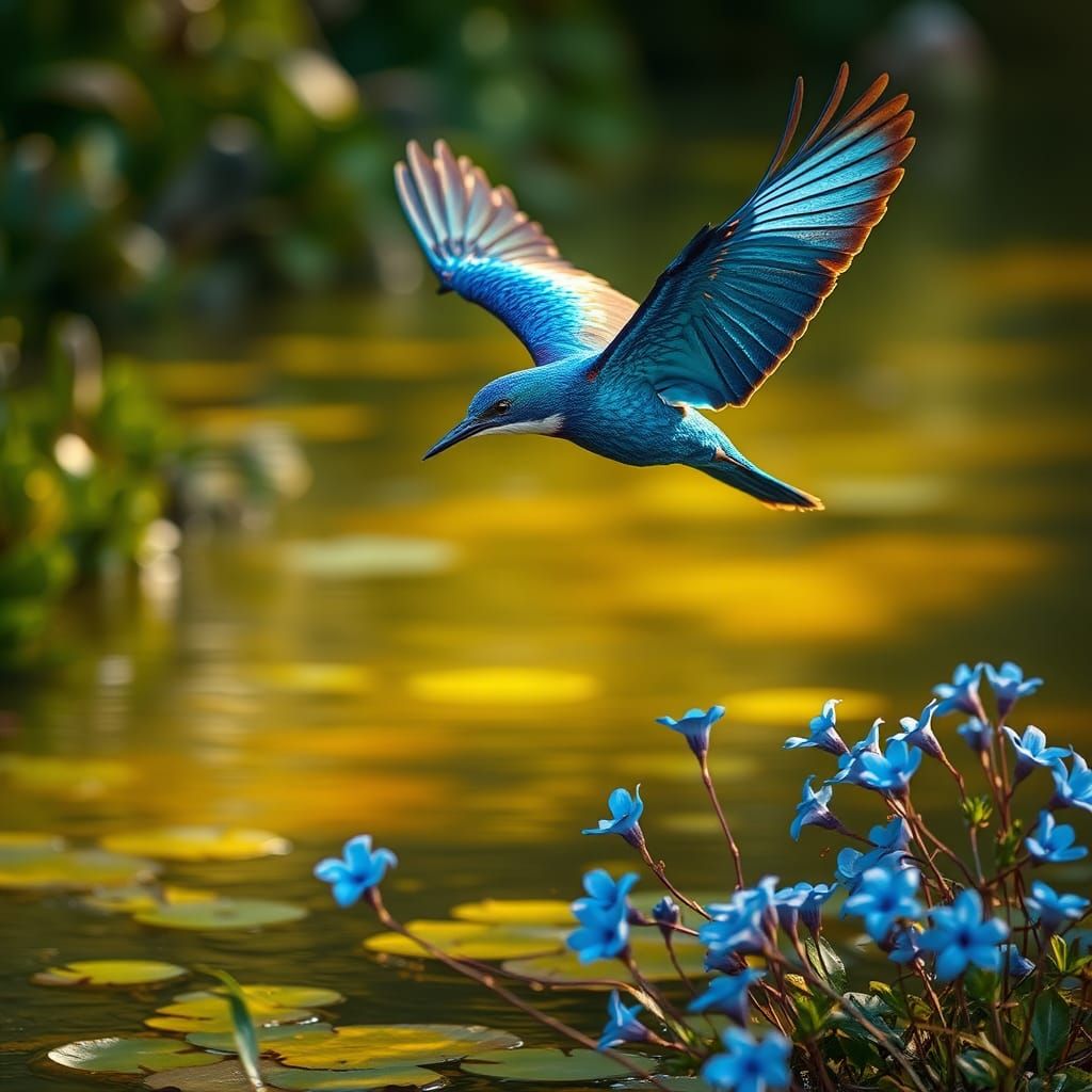 Blue Bird Soaring Above a Glowing River