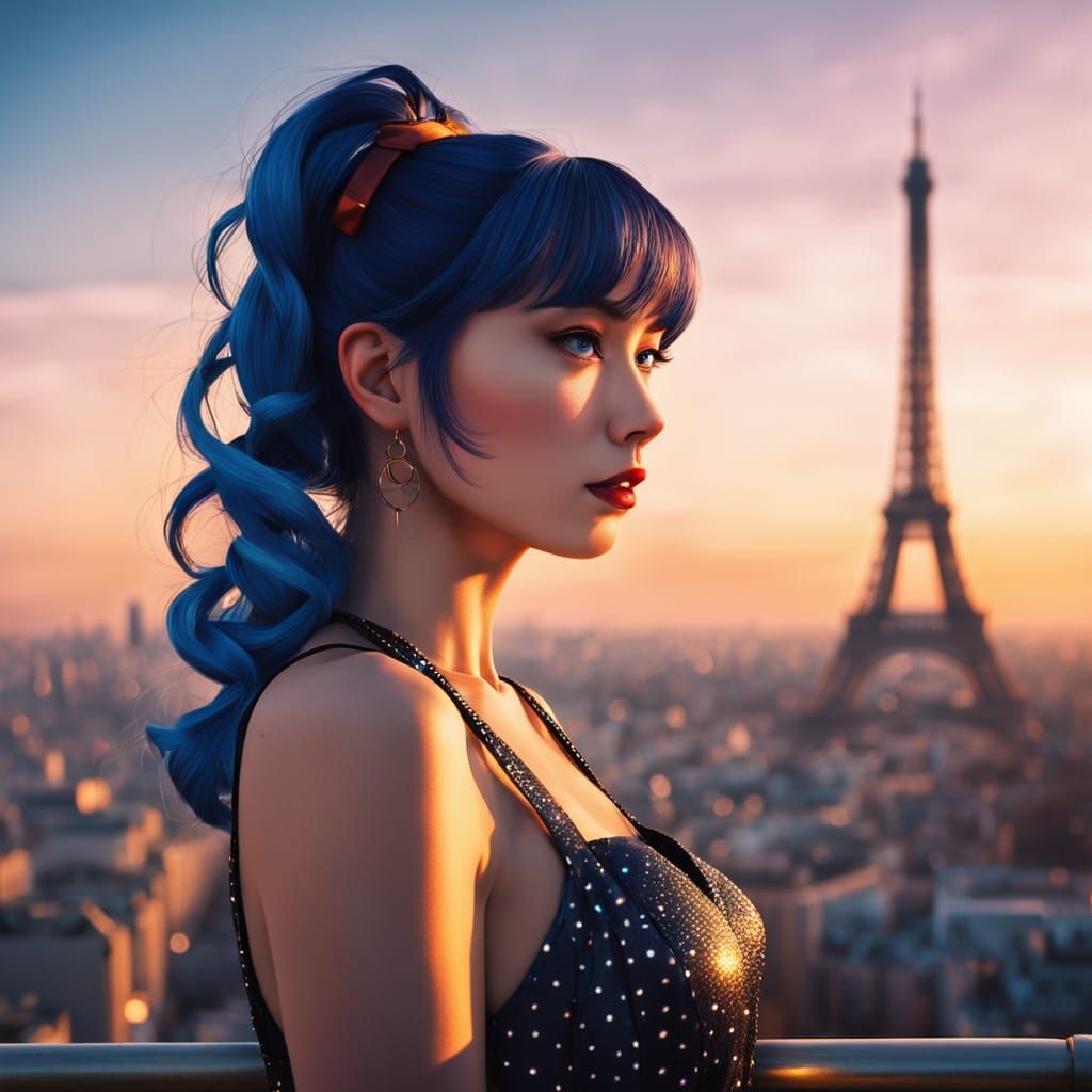 Anime Film Noir Portrait on Eiffel Tower