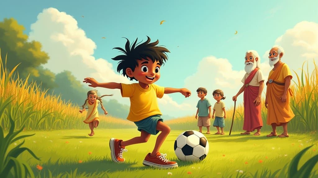 Joyful Indian Boy Plays Soccer with Friends in Lush Green Fi...