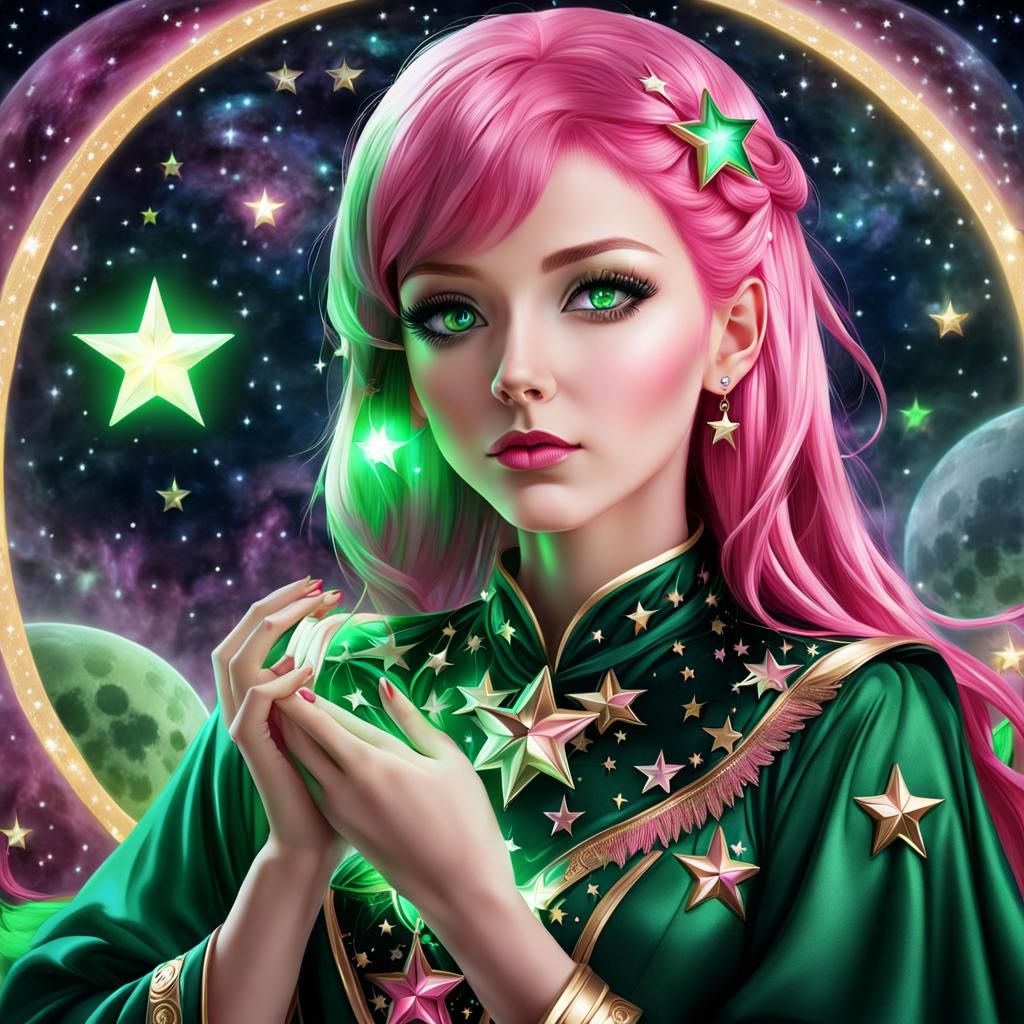 Pink-Haired Woman with Stars and Moons